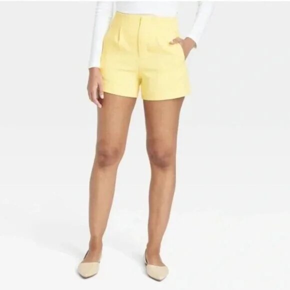 3/$25 a new day Stretch Midi Pleated Shorts 4 Womens High Rise Waist Yellow - Picture 1 of 13